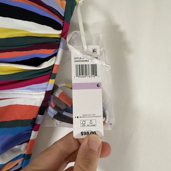 New Anne Cole One Piece Swimsuit Women's 6 Rainbow Striped Pull On Padded - Picture 2 of 10